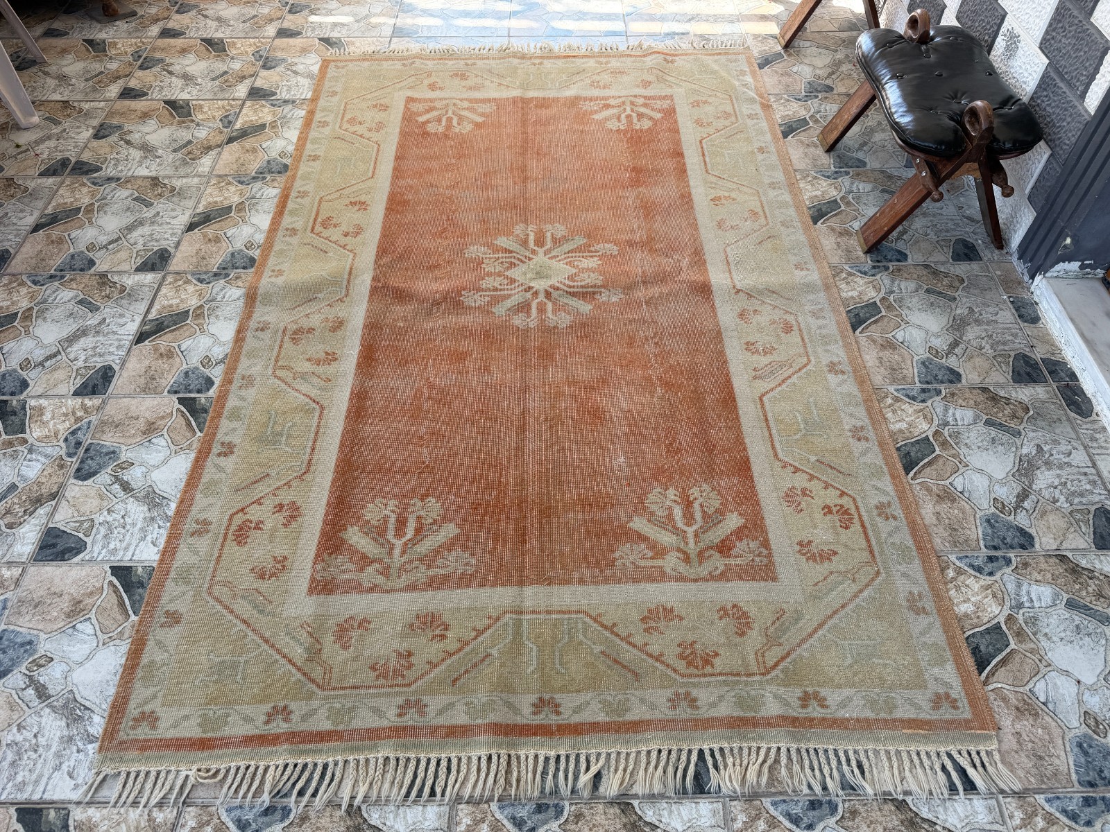 1990s Vintage Turkish Oushak Rug, Tribal Handmade Geometric Area Carpet 5×8 ft