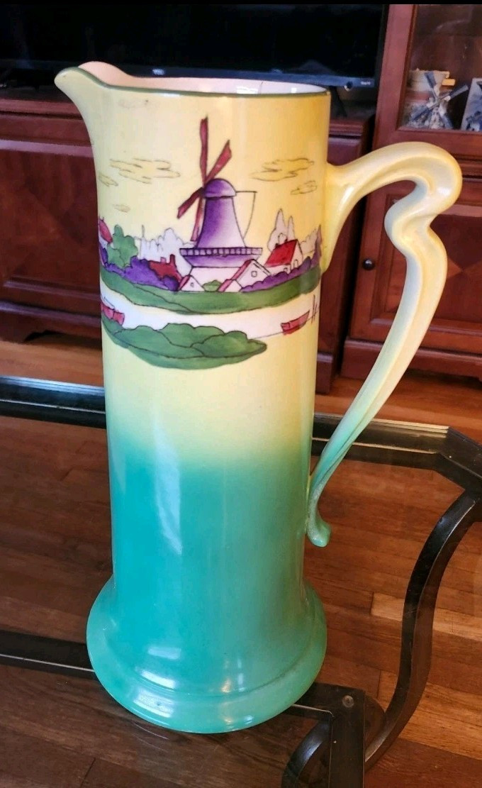 Large 13.5″ Antique Haynes Ware Holland Sunset Green Yellow Pottery Pitcher