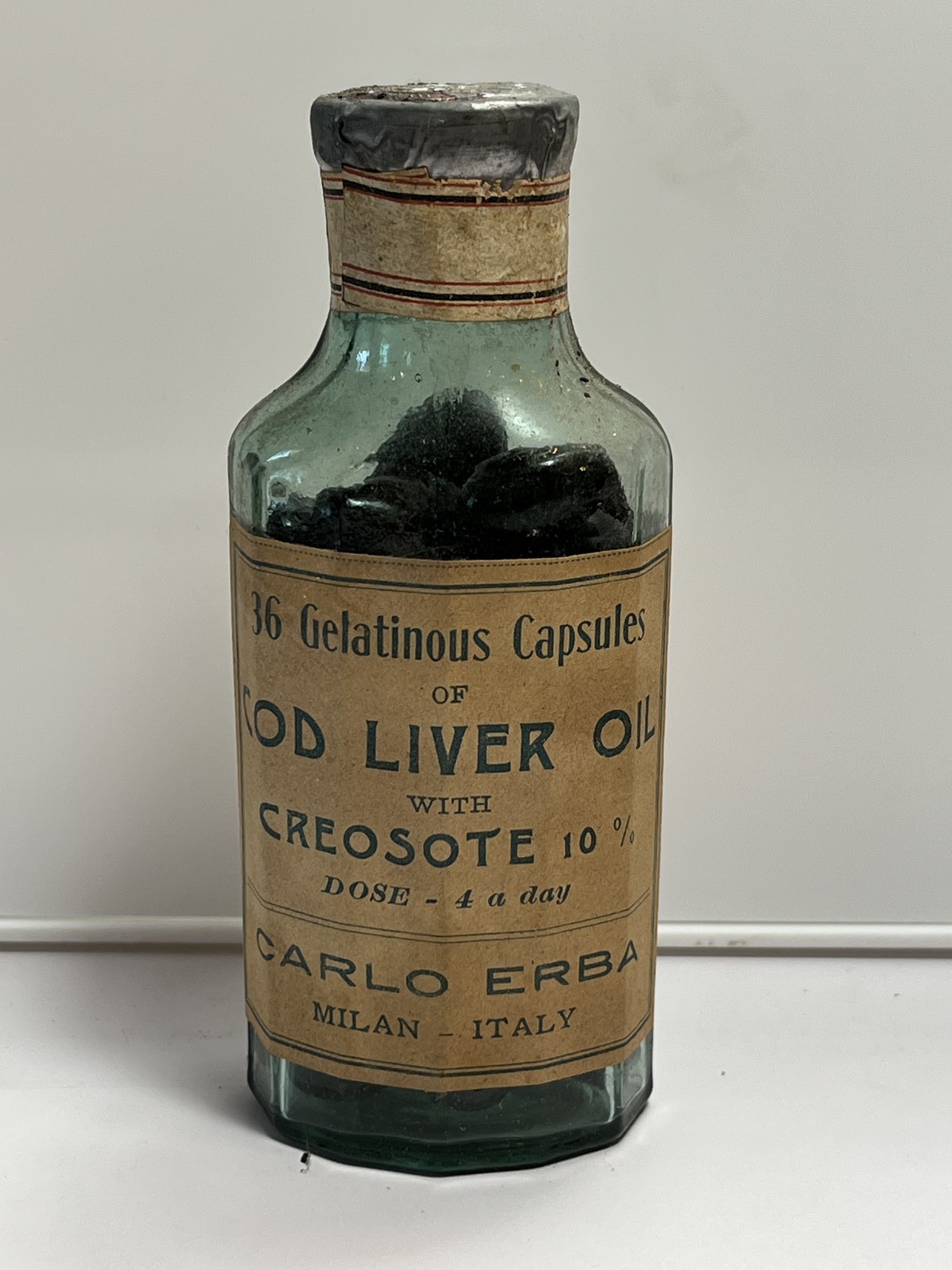 Antique Apothecary Pharmaceutical Cod Liver Oil Glass Bottle VTG Sealed ERBA