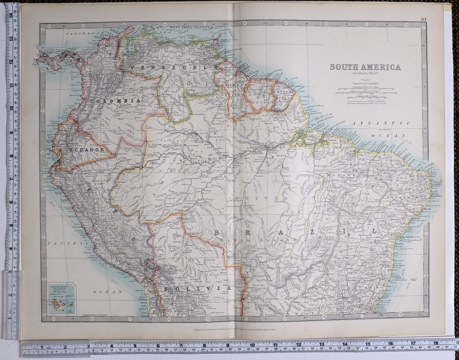 1915 LARGE MAP SOUTH AMERICA NORTH SHEET BRAZIL PERU BOLIVIA COLOMBIA VENEZUELA