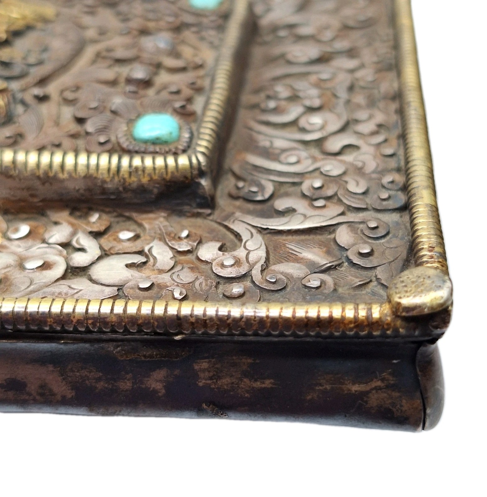 Antique Tibetan Buddhist Scripture Book Cover – Gilded Silver Clad Wood – Sealed