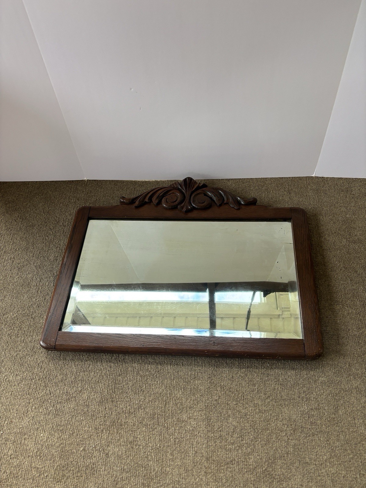 Antique Edwardian Wood Carved Mirror 22.5 x18” Carved Oak Wall Mirror