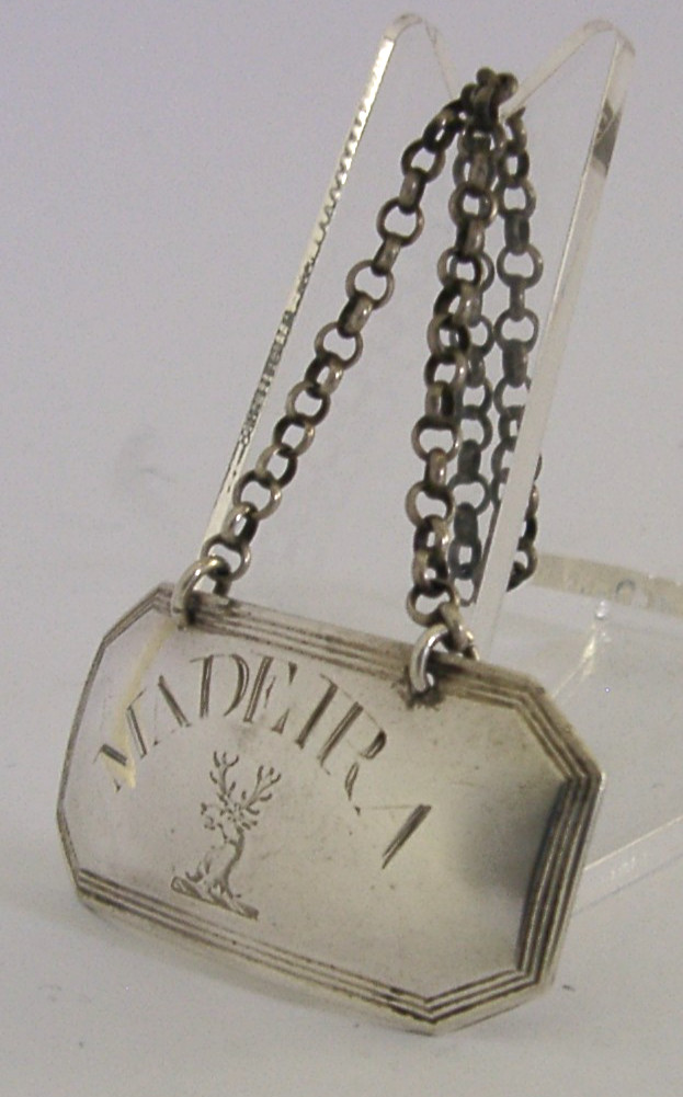 SUSANNAH BARKER STERLING SILVER SCOTT FAMILY CRESTED MADEIRA WINE LABEL c1790