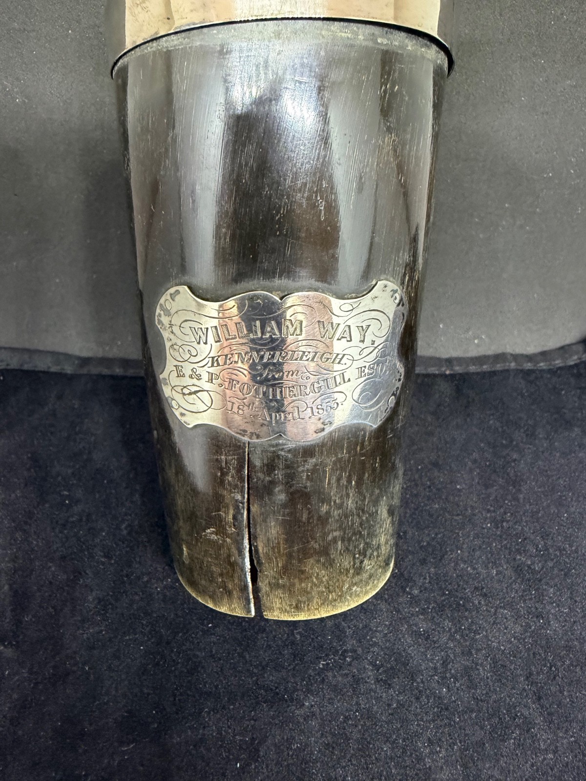Antique Horn Cup Engraved Silver Kennerleigh Crest With Crystal Bottom 1853