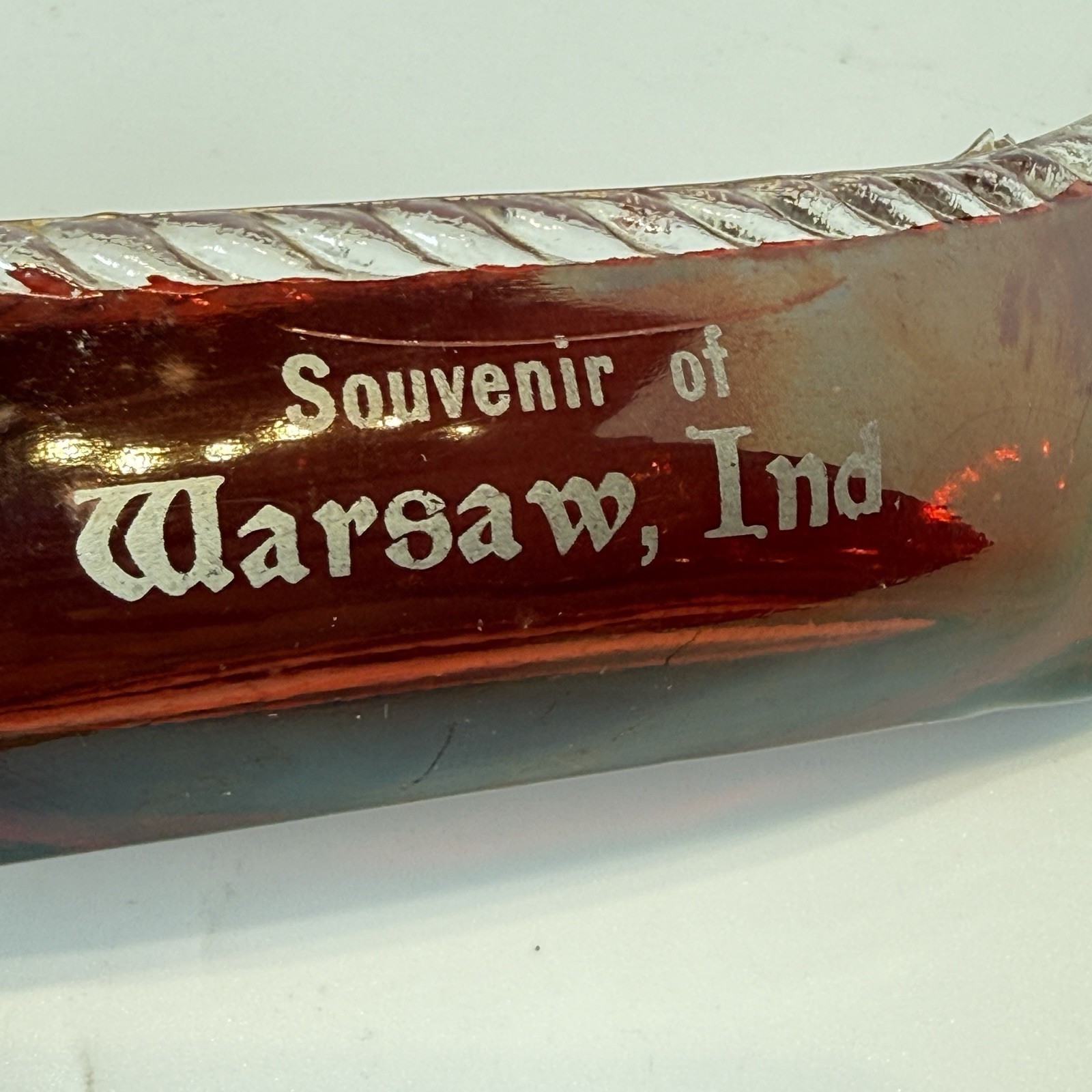 WARSAW , INDIANA Antique Ruby Red Flash Souvenir Glass Boat Trinket Candy Dish