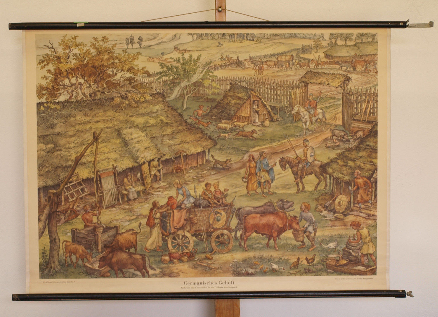 Mural Gehöft Siedlerzug 39x28in Vintage Germanic Migration Period Chart 1954