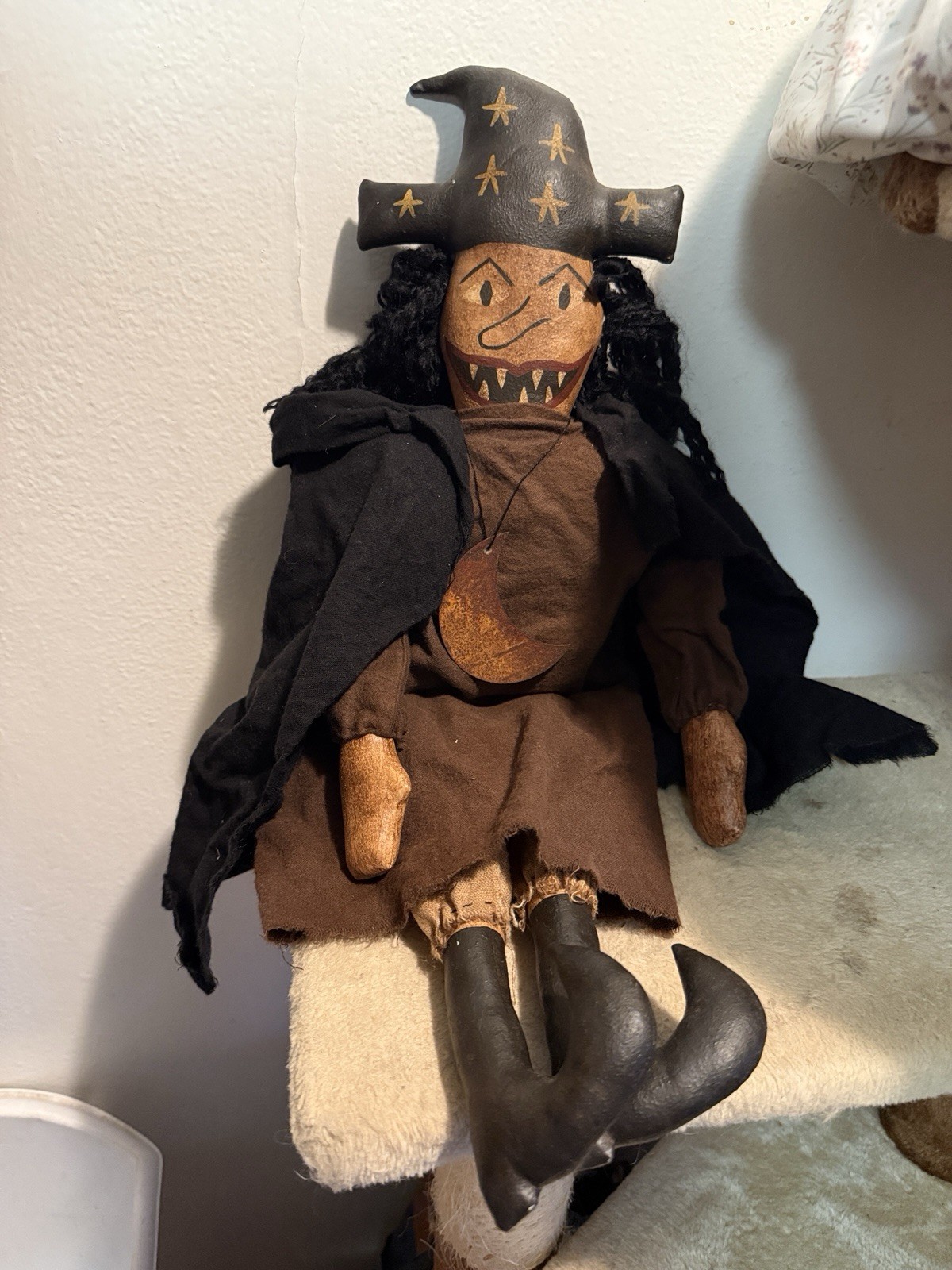 Primitive Halloween Witch Doll Handmade Folk Art Hand Painted Face Naive