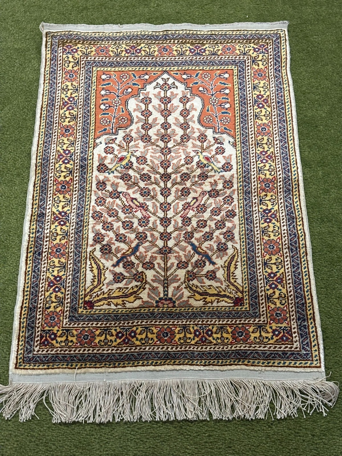 Vintage Turkish Tree of Life Prayer Rug Silk, Ready to Hand, 24.5 x 16.5″
