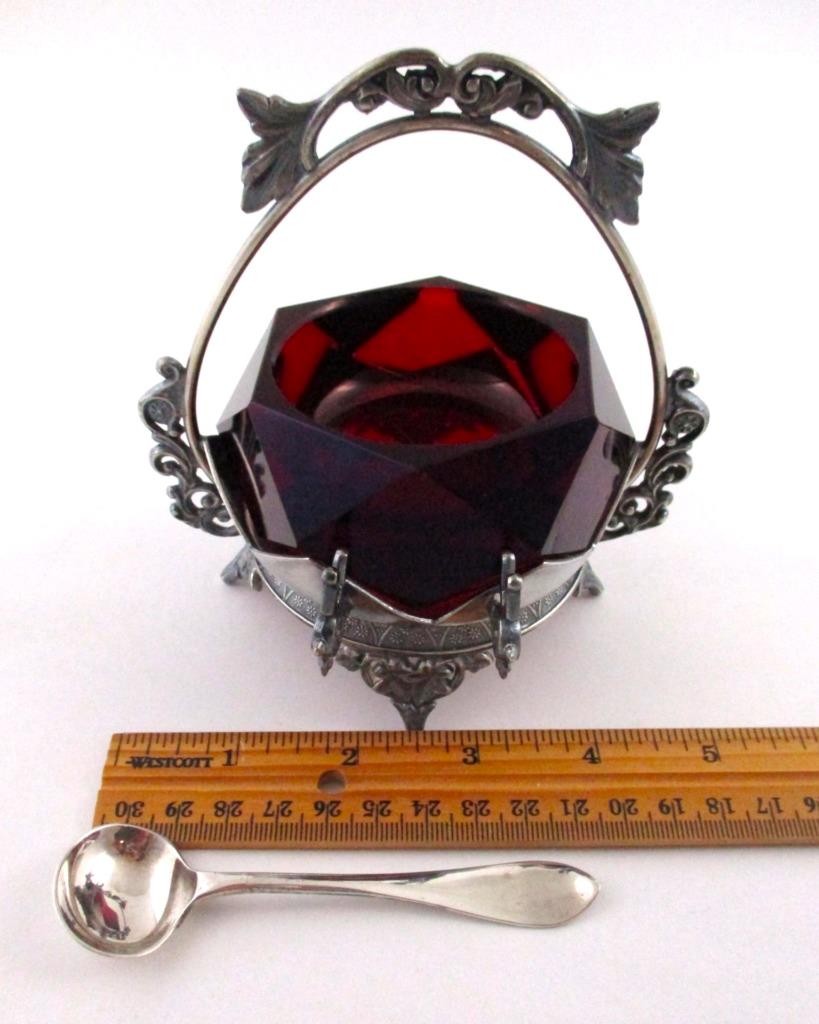 Ruby RED glass Master OPEN SALT – TORONTO S.P. #627 – Quad Silver Holder, Spoon