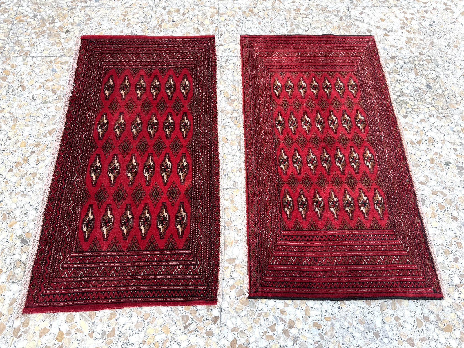 Red Pair Of Two Afghan Turkmen Area Rug 2×4 Small Hand Knotted Vintage Carpet
