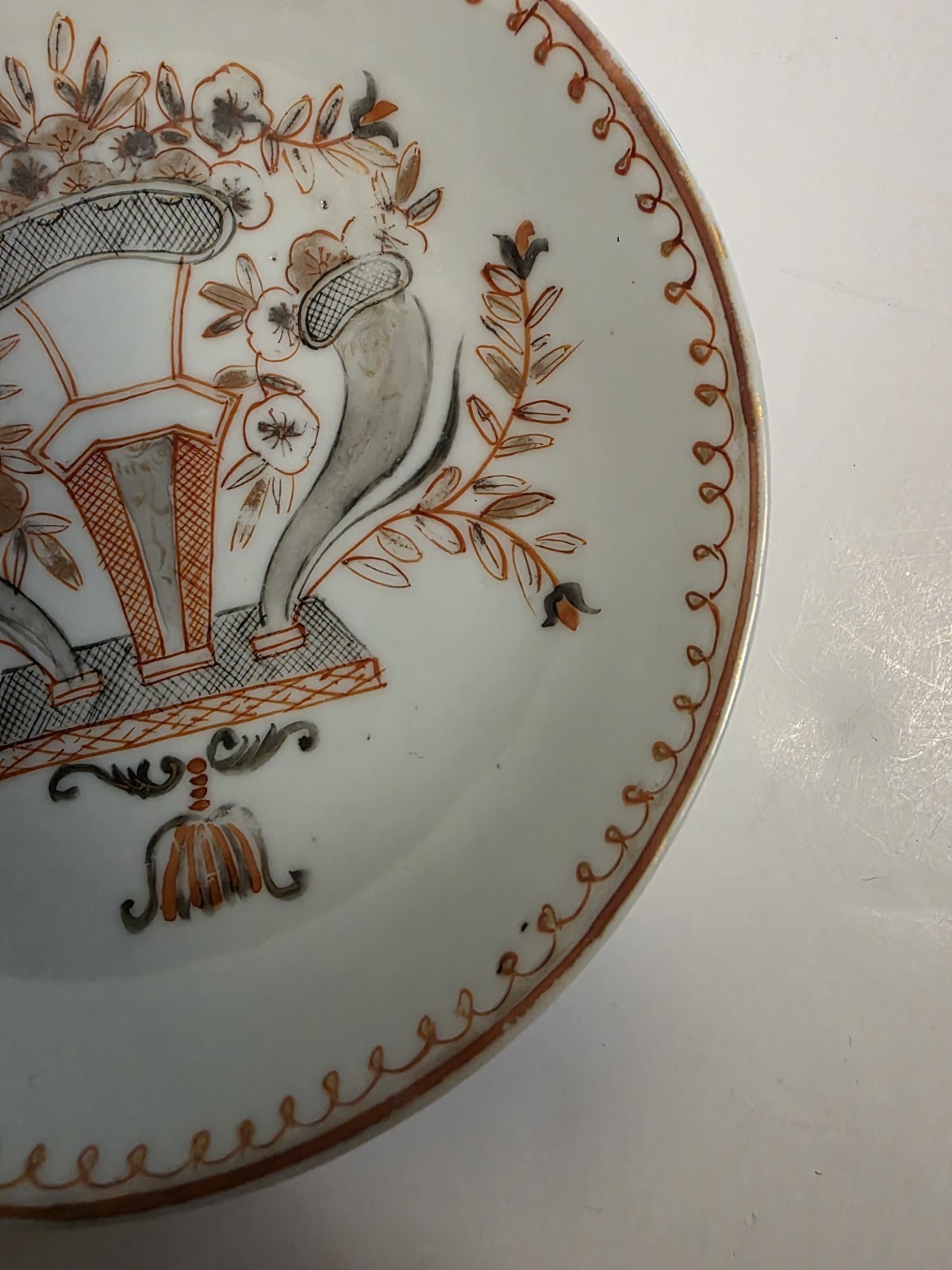Antique Chinese Rouge de Fer Saucer 17th 18th Cent Kangxi red grey Porcelain