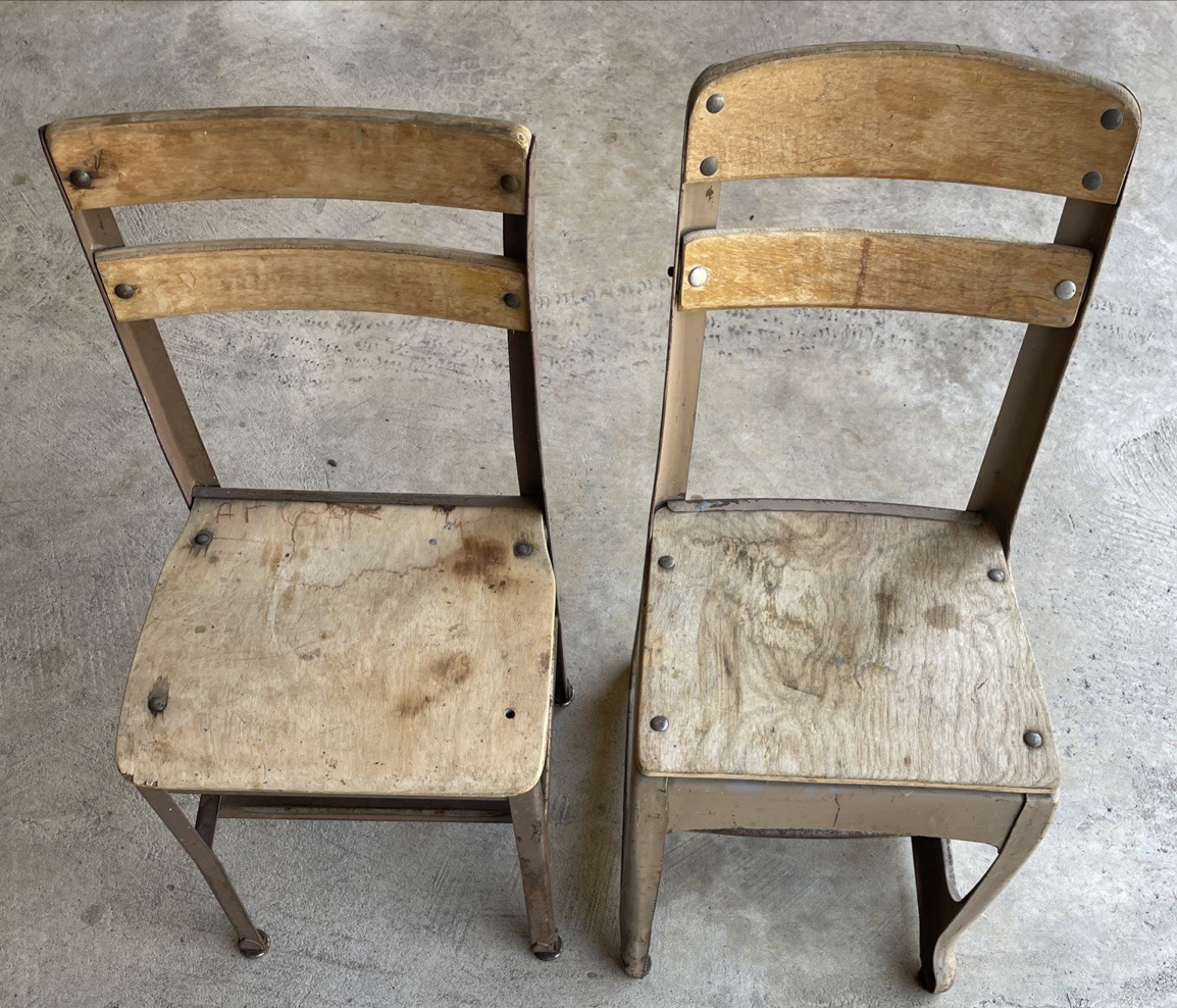 Two 1950”s-60”s School House Chairs Wood & Metal Heavy Duty REDUCED PRICE