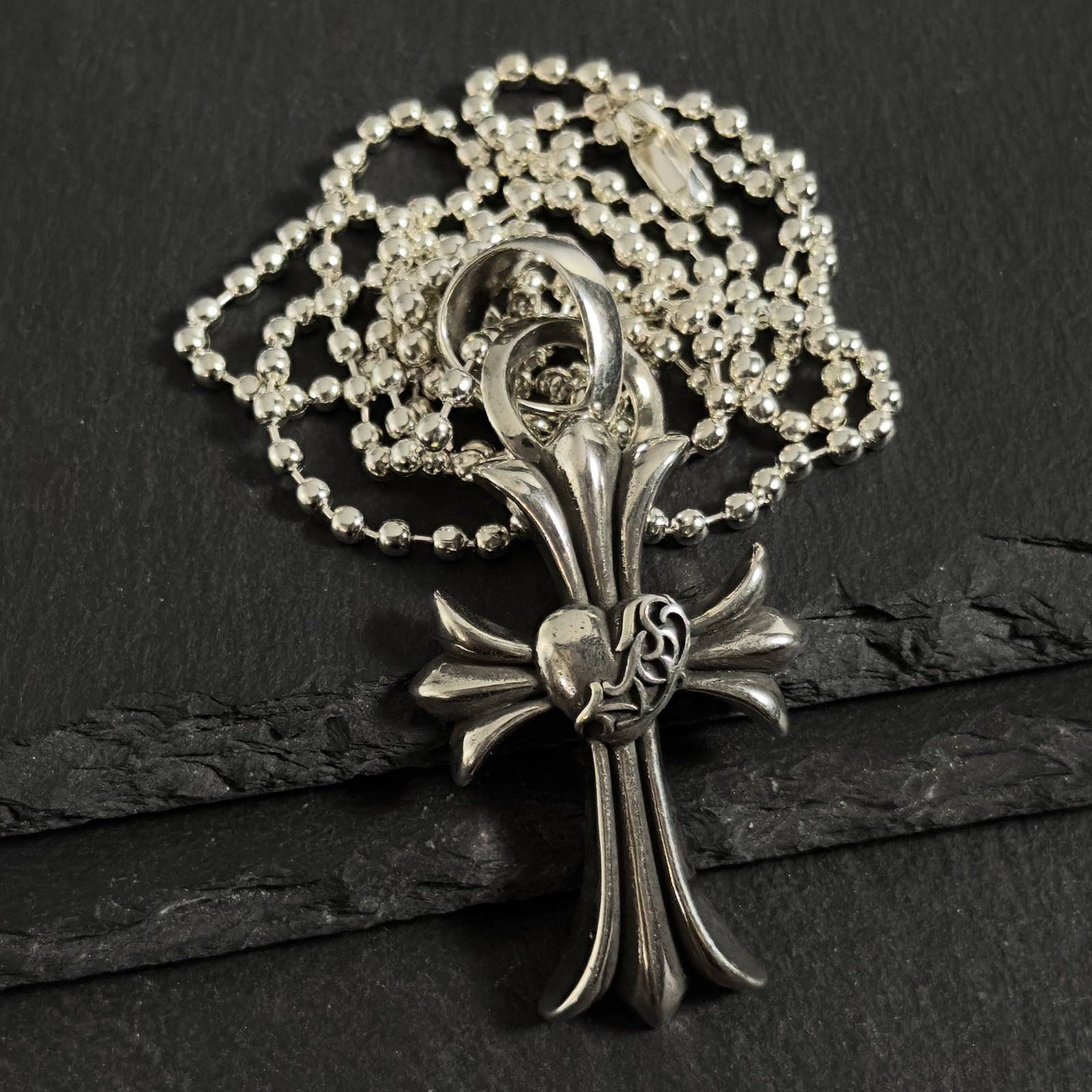 Chrome Hearts Floral Vine Heart Cross Pendant & Ball Chain | 925 Silver | 14g