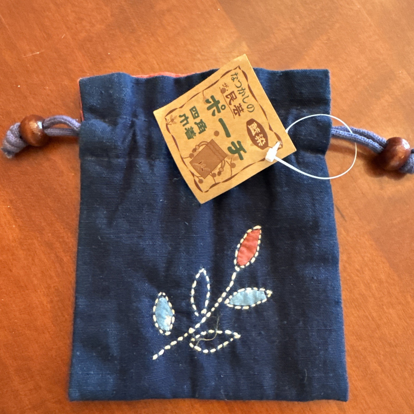 Small Japanese Drawstring Bag Kinchaku pattern Indigo Blue Floral Embroidery NEW