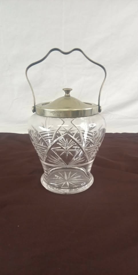 Vintage cut glass biscuit barrel with silverplate lid and handle