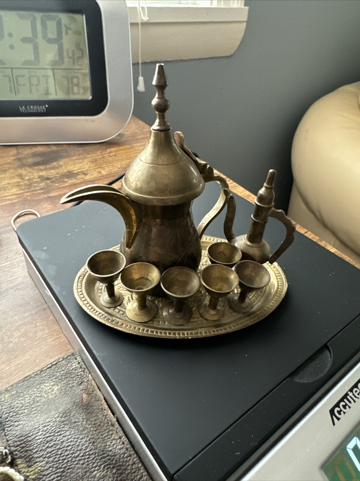Miniature Brass Etched Middle East Saudi Arabia Coffee/Tea Set & 6 Chalice Cups