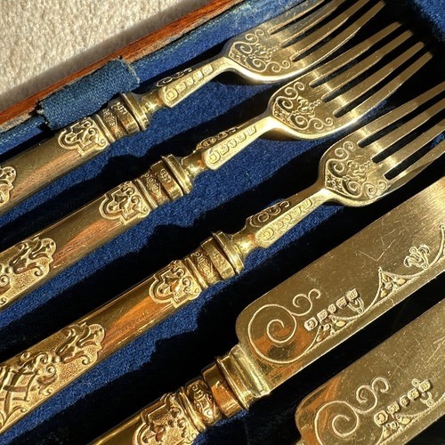 Antique Victorian 24 Piece Gold Cutlery Canteen Martin Hall 1868 Mahogany Box