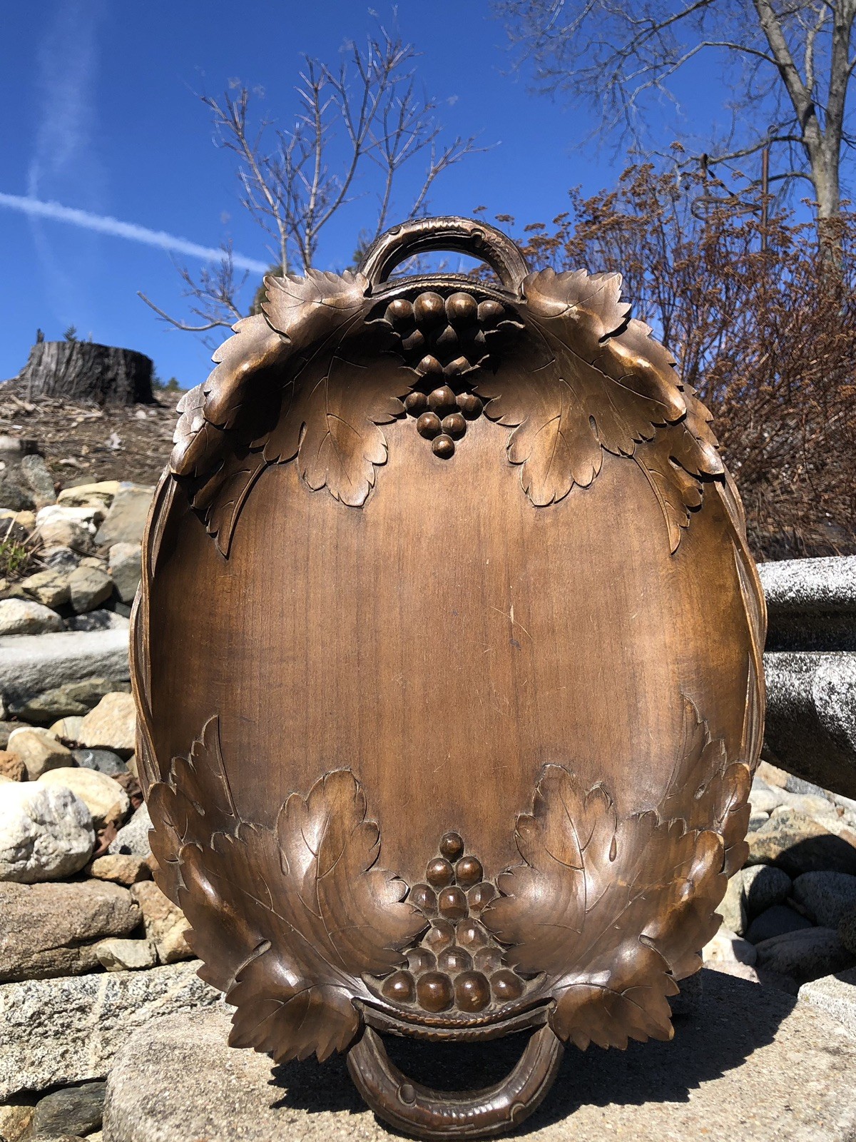 Antique Ornate Hand Carved Walnut Wood Floral Grapes Music Box Bowl Black Forest