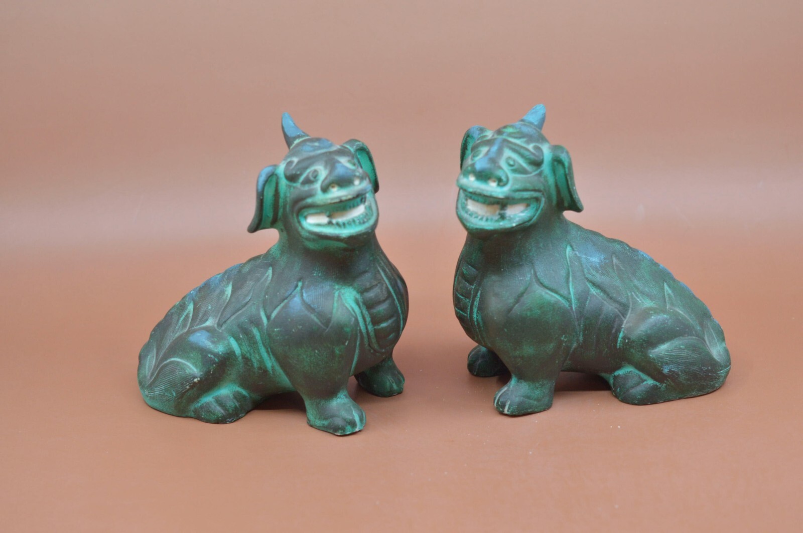 Antique, Chinese, ceramic, matte , pair Fu lions, 6 inches tall