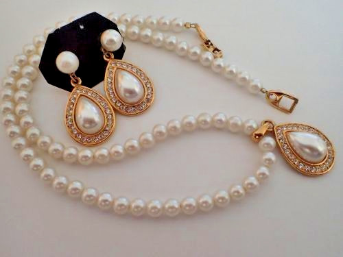 Napier Signed Set of Faux Pearl Necklace and Pair of Earrings