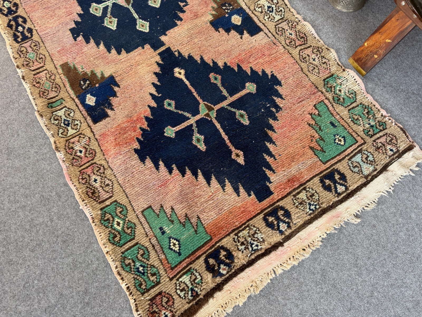 Vintage Turkish Oushak Rug 3×5 Ft, Handmade Anatolian Wool Rug Blue Boho Accent