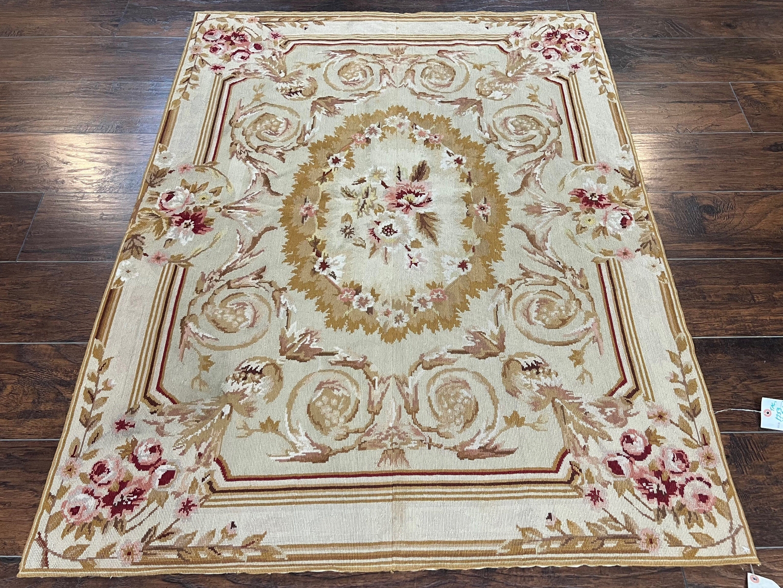 Aubusson Needlepoint Rug 4×5 Beige and Tan Savonnerie Vintage Carpet Handwoven
