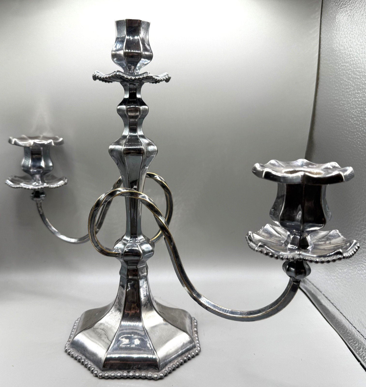 ANTIQUE REED BARTON CANDELABRA SILVER PLATED BEADE TWISTED ARMS 3 LIGHT