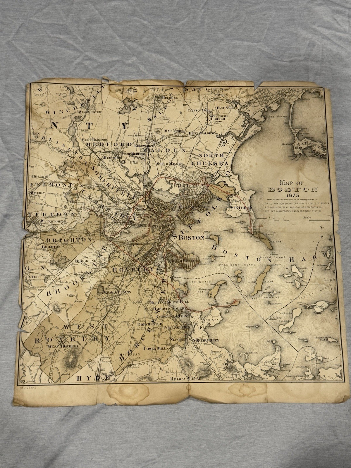 HELIOTYPE BOSTON MASSACHUSETTS CITY STREET ROAD DRAINAGE MAP 1875