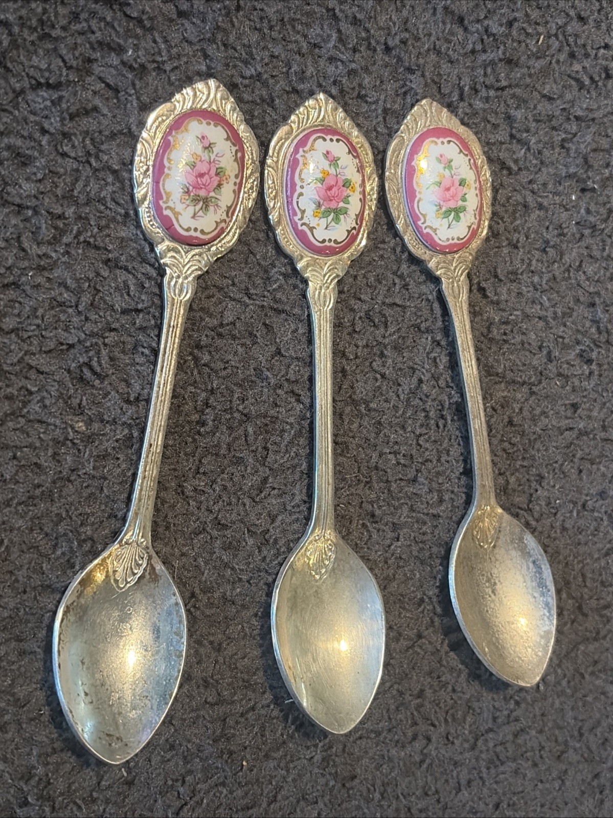Silver Plated Tea Spoons Set Of 3 With Floral Rose Porcelain Pattern Korea