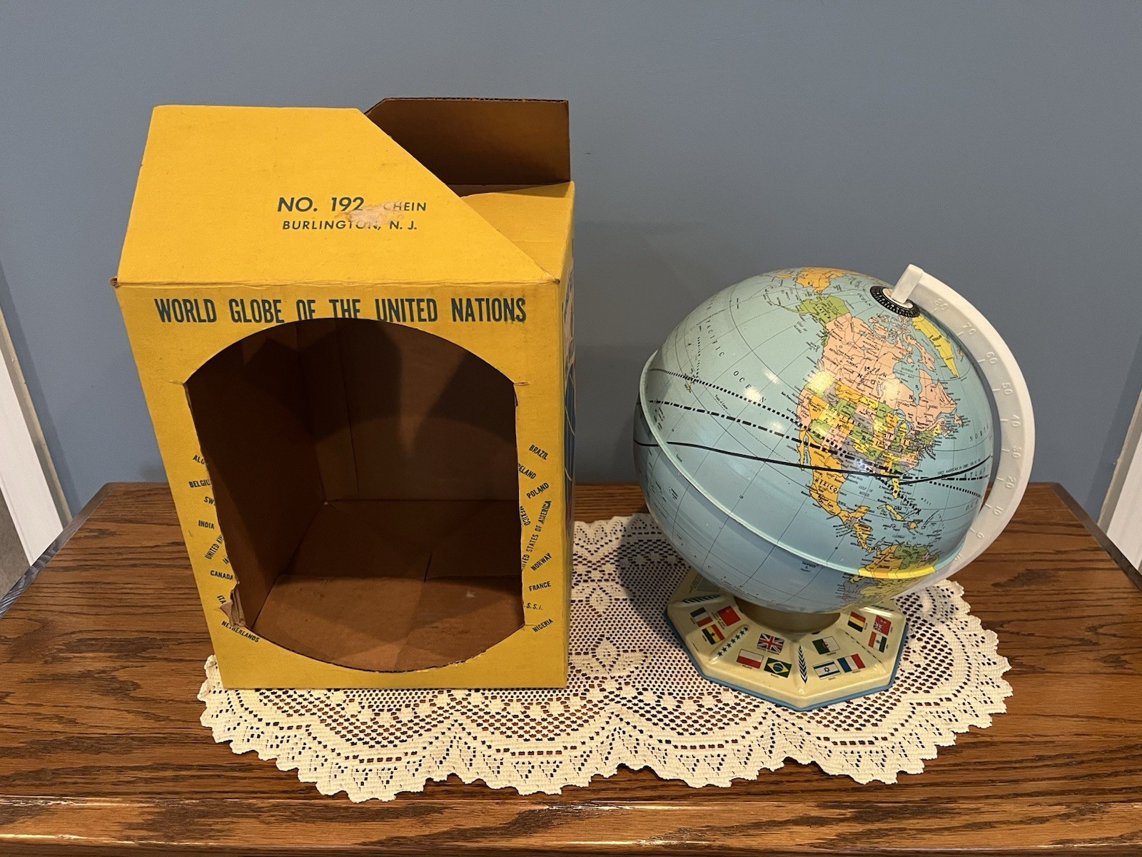 Vintage J Chein World Globe of the United Nations In Original Box