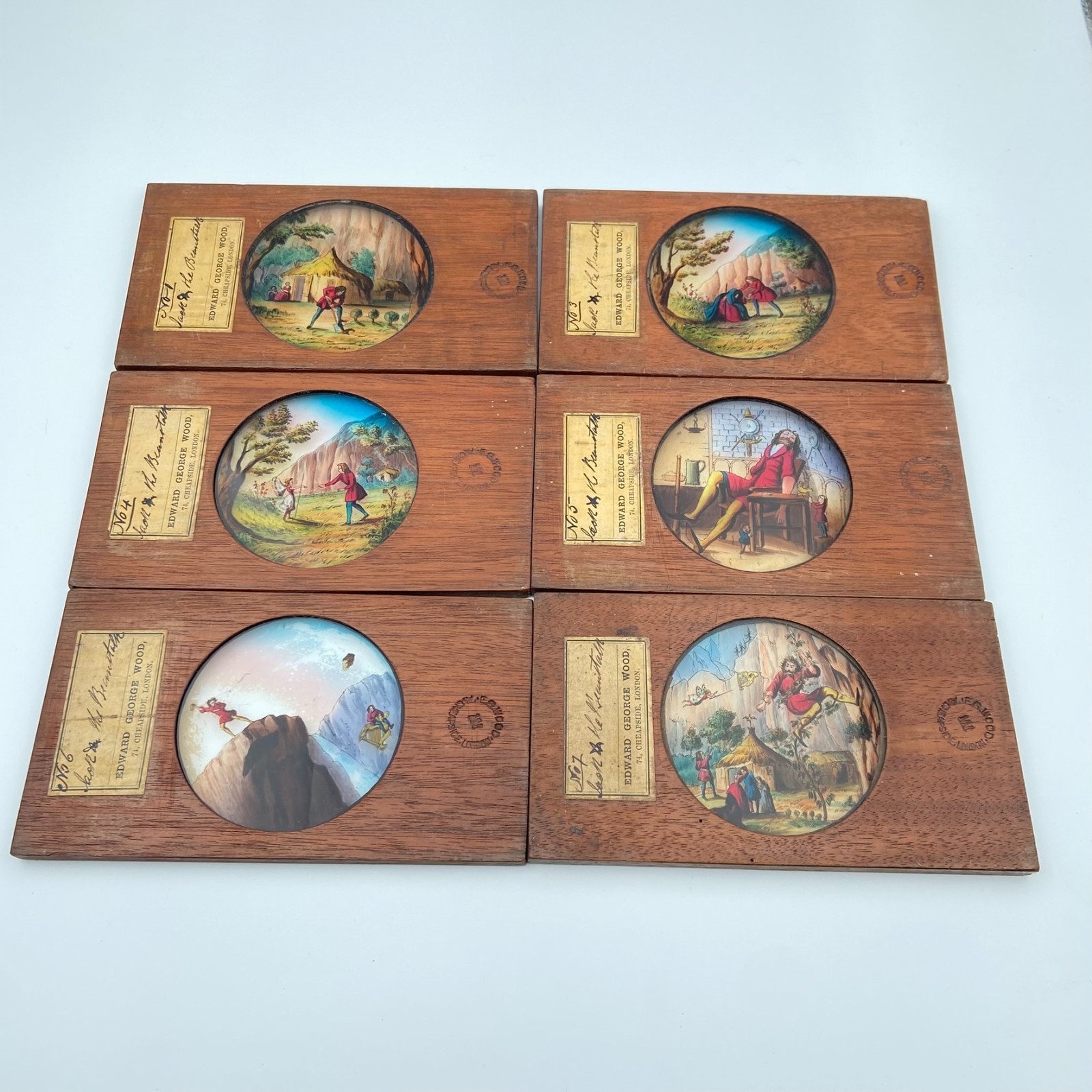6 magic lantern slides c1860 ‘Jack & the Beanstalk’ hand coloured by E.G. Wood
