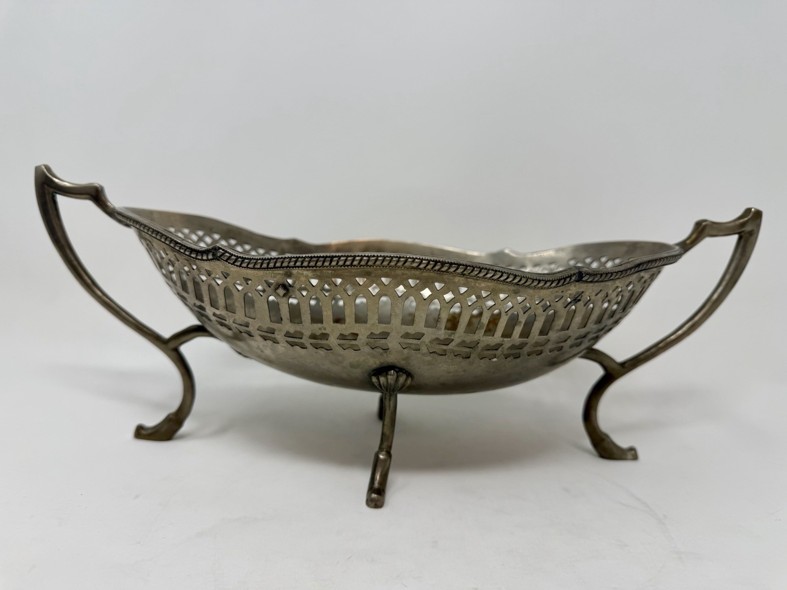 Antique Silverplate Pierced Gallery Oval Footed Bowl with Handles Fruit