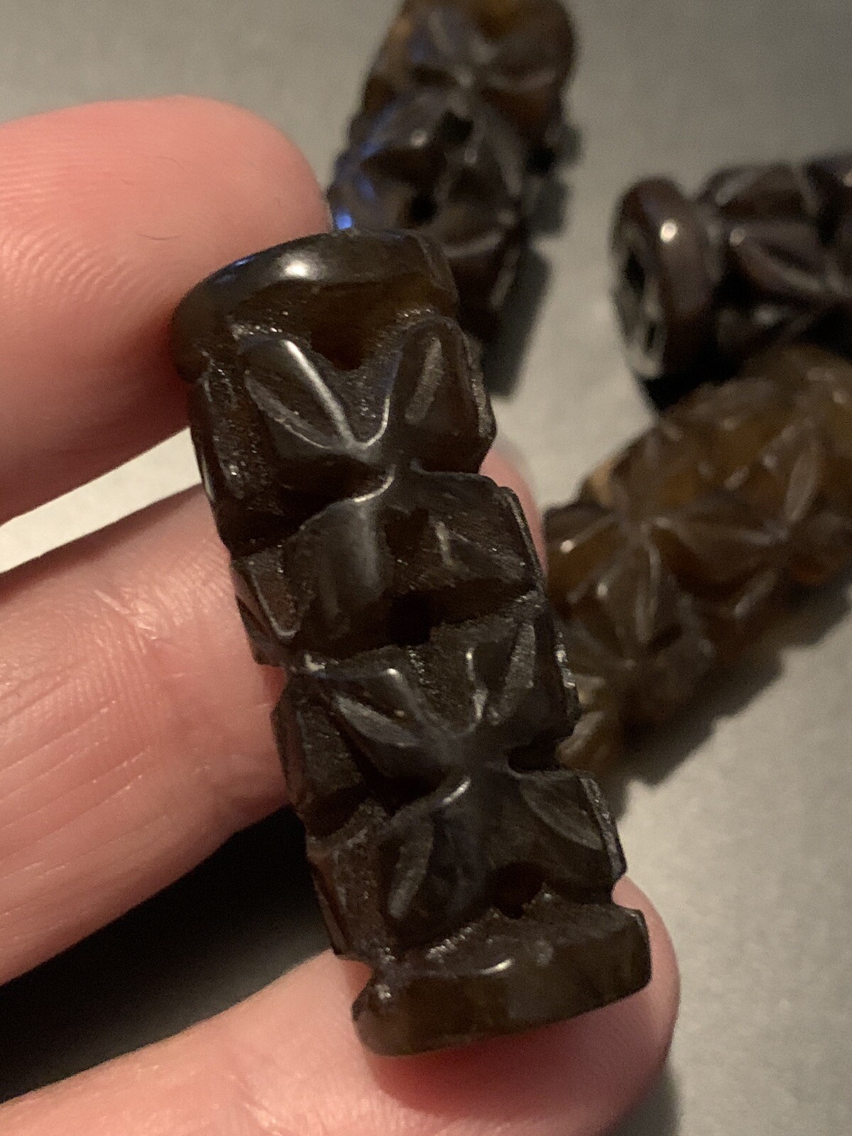 One Vintage Carved Chinese Bead Brown Serpentine Flower Tube Bead 38mm x 14mm