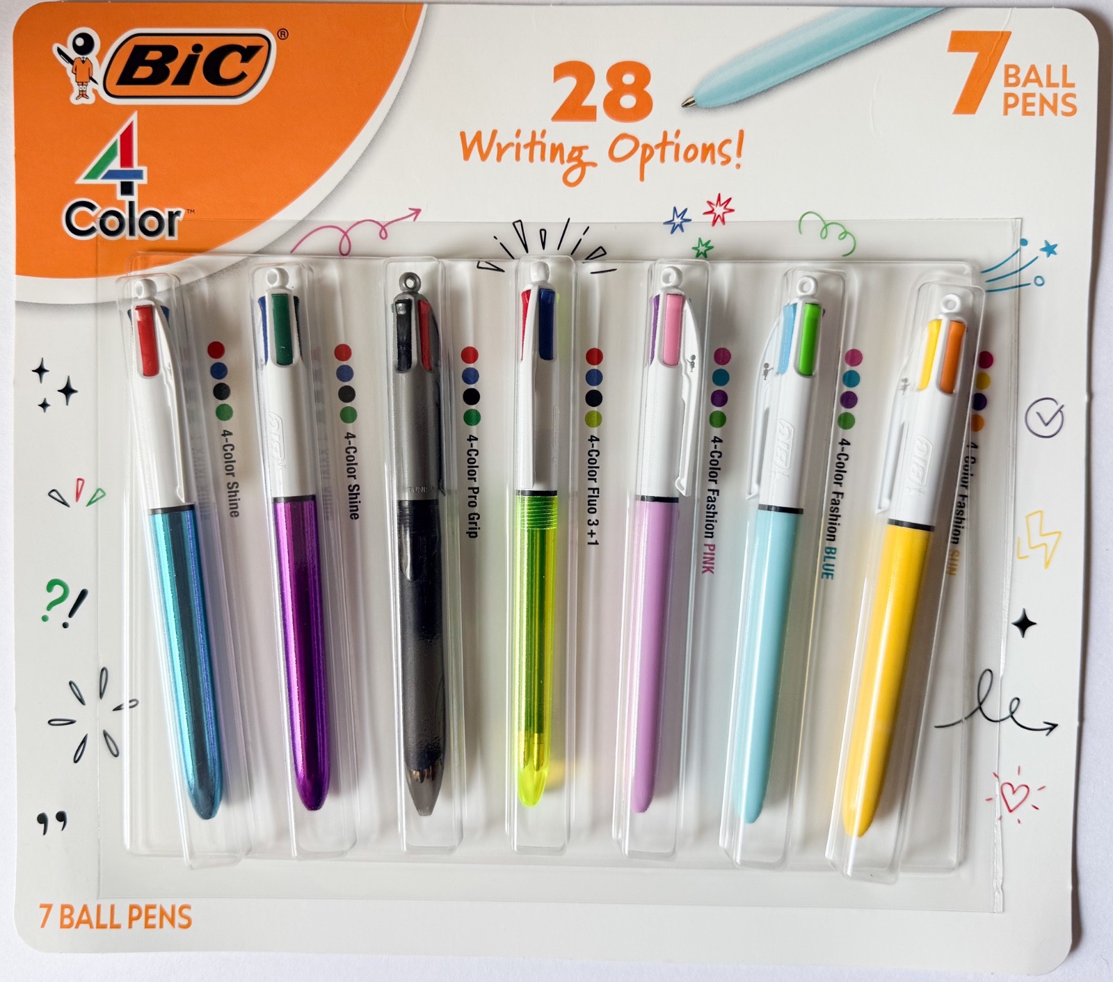 Bic 4 Color x 7 Ball Pens Set Latest Style, New-Sealed Package!