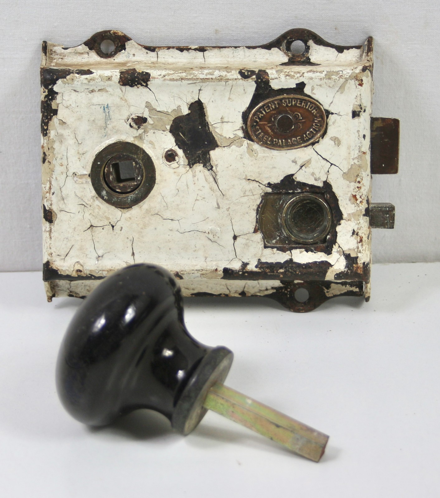 Victorian Rim Lock c1870–1900 Patent Superior Steel Palace Action – Ceramic Knob