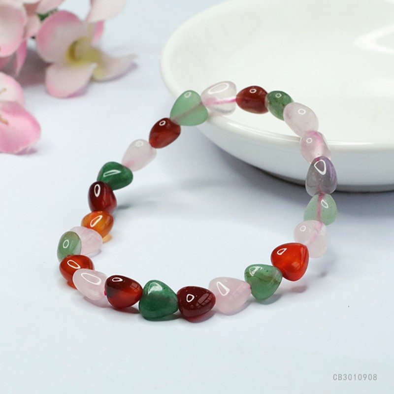 8.5mm Multi Gemstone Crystal Heart Bead Bracelet Agate Chalcedony Rose Quartz