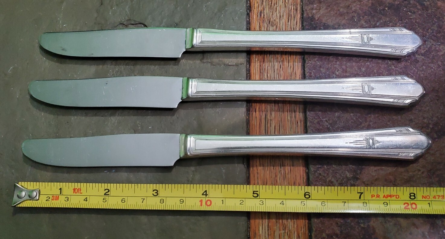 😛 3 ART DECO c1933 PARAMOUNT SILVER HANDLE NEW FRENCH HOLLOW GRILLE KNIVES