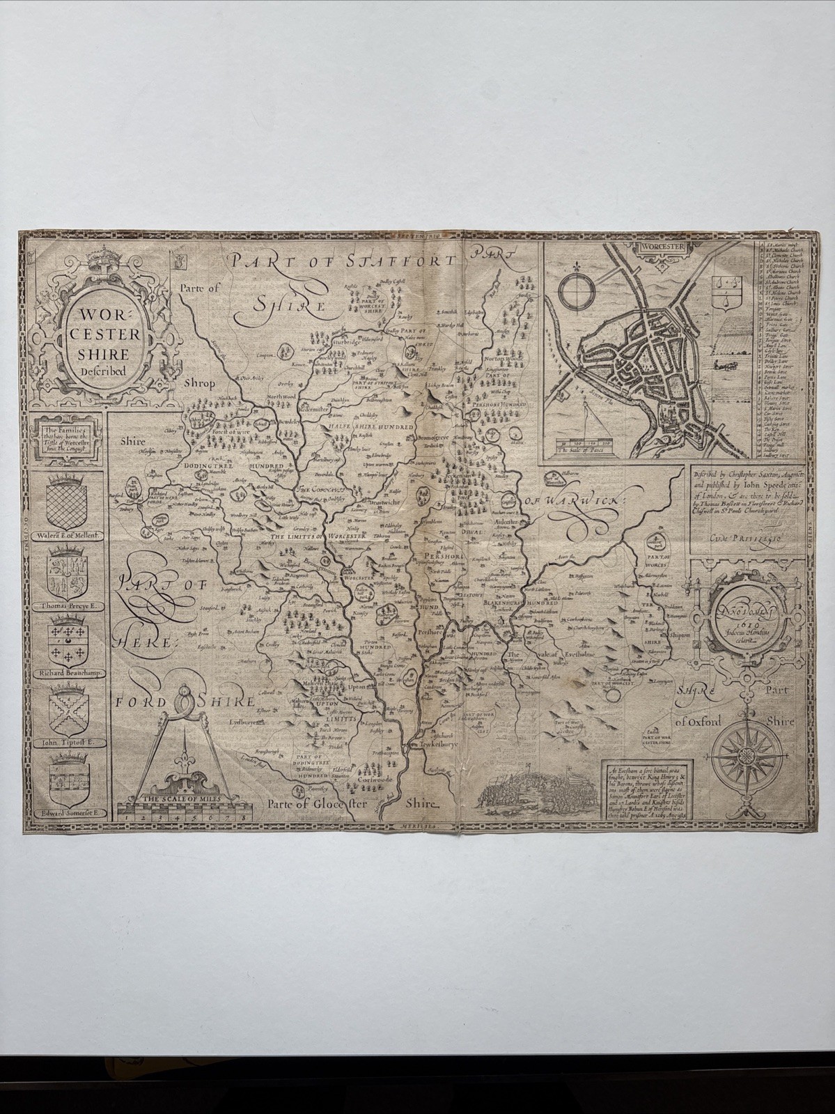 Antique Map of Worcestershire, England as part of Speed’s atlas 1610