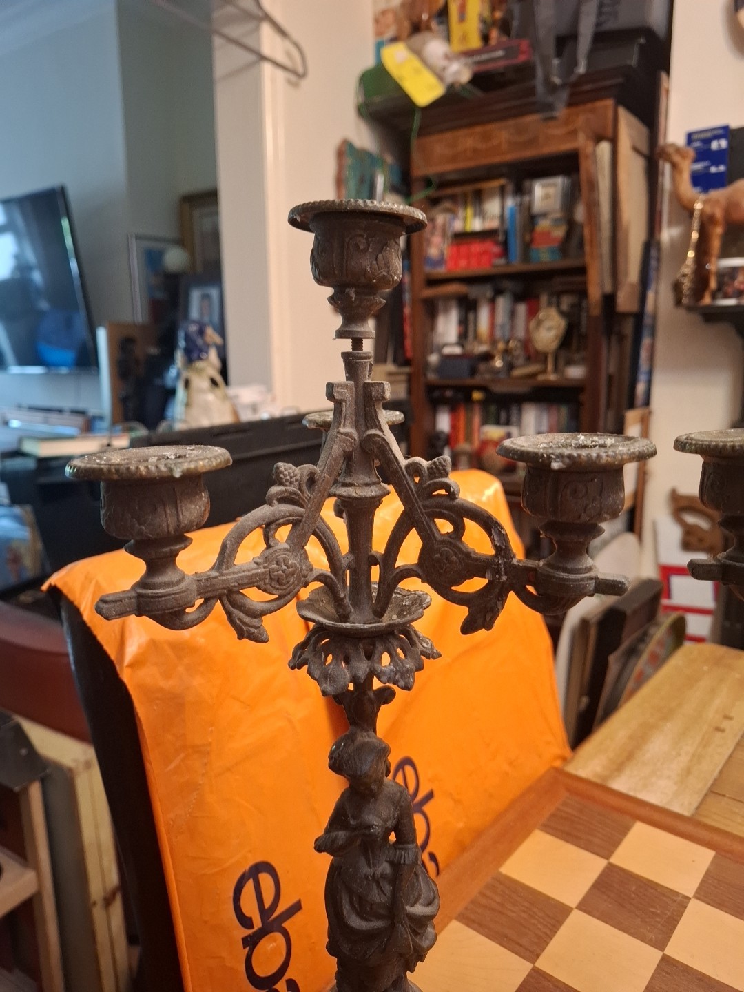 2 Antique Victorian French 271 LSF Spelter 3 Arm Candelabras Male Female Figures