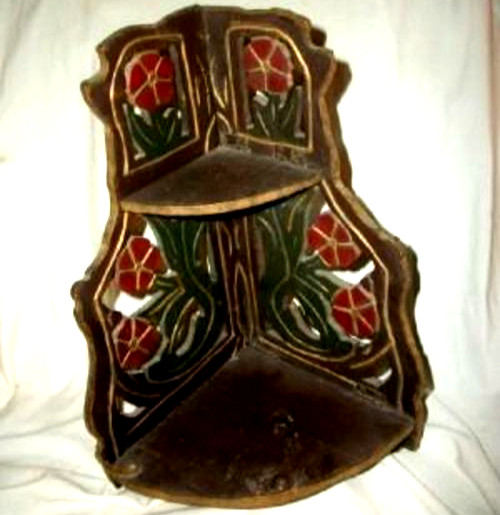 Antique FOLK ART Folding Corner Shelf Carved Flowers HP Primitive Cottagecore