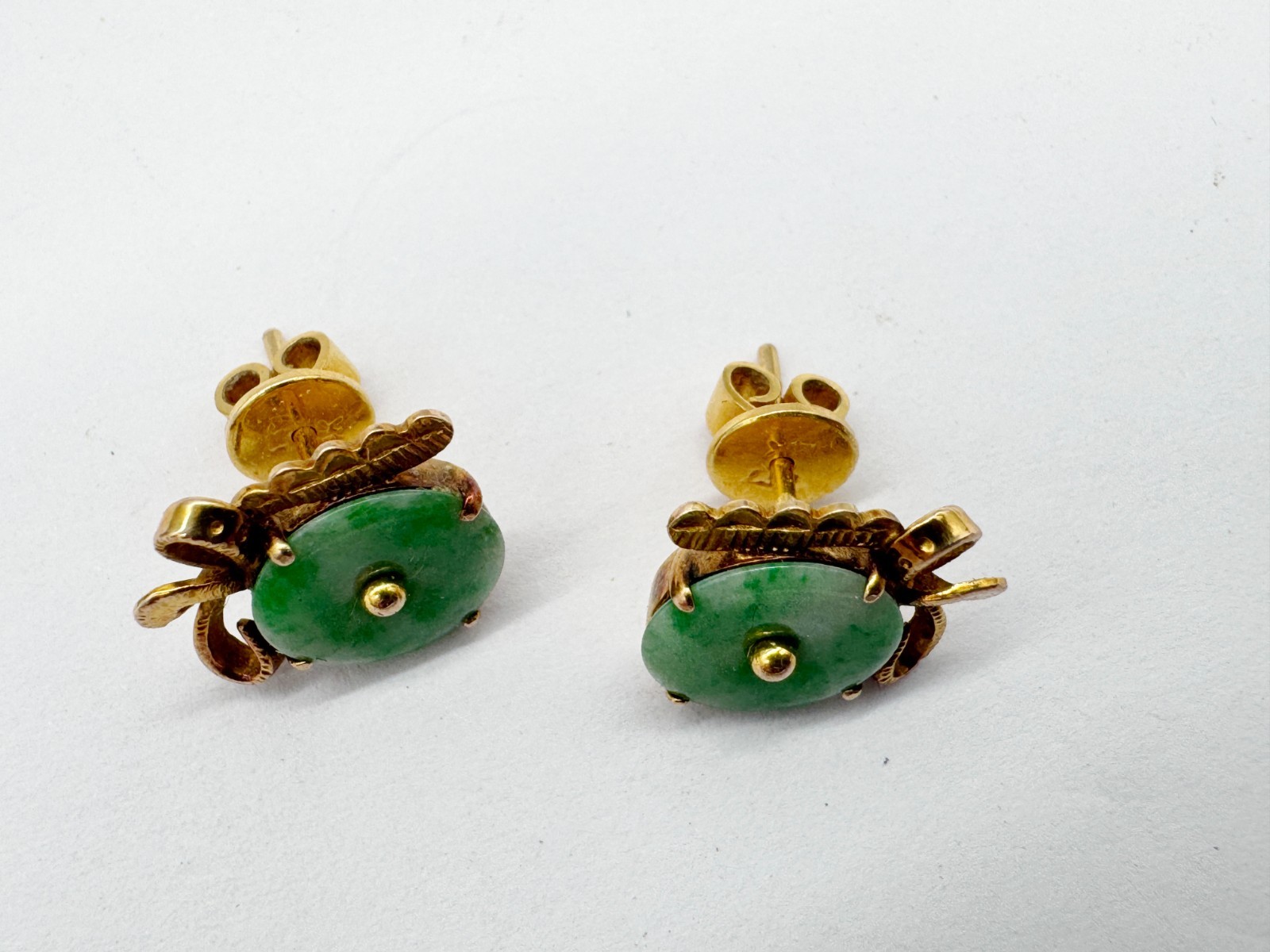 ANTIQUE SOLID 14ct GOLD 14K CHINESE JADE DISC LADIES EARRINGS