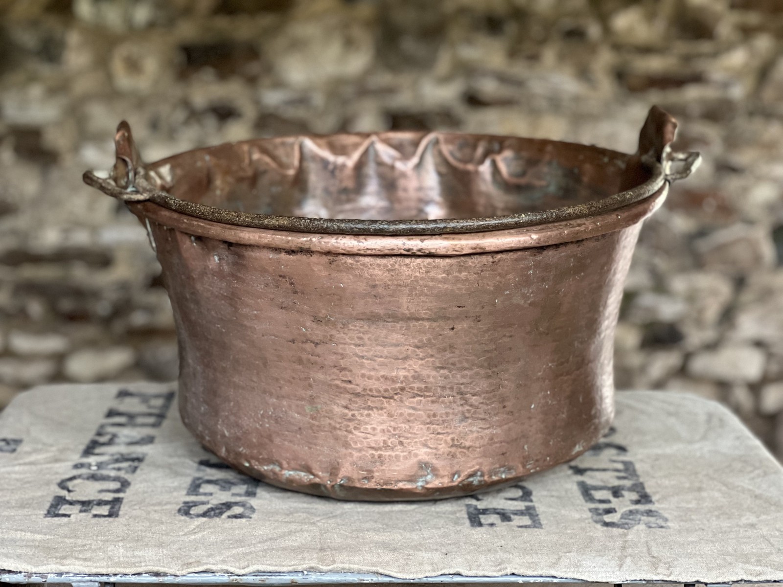 Antique French Copper Copper Cooking Pot Cauldron Log Bin