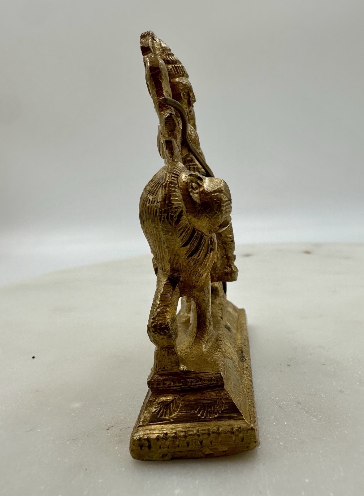 VINTAGE INDIAN HINDU SOLID BRASS GODDESS DURGA RIDING LION STATUE FIGURINE 3”