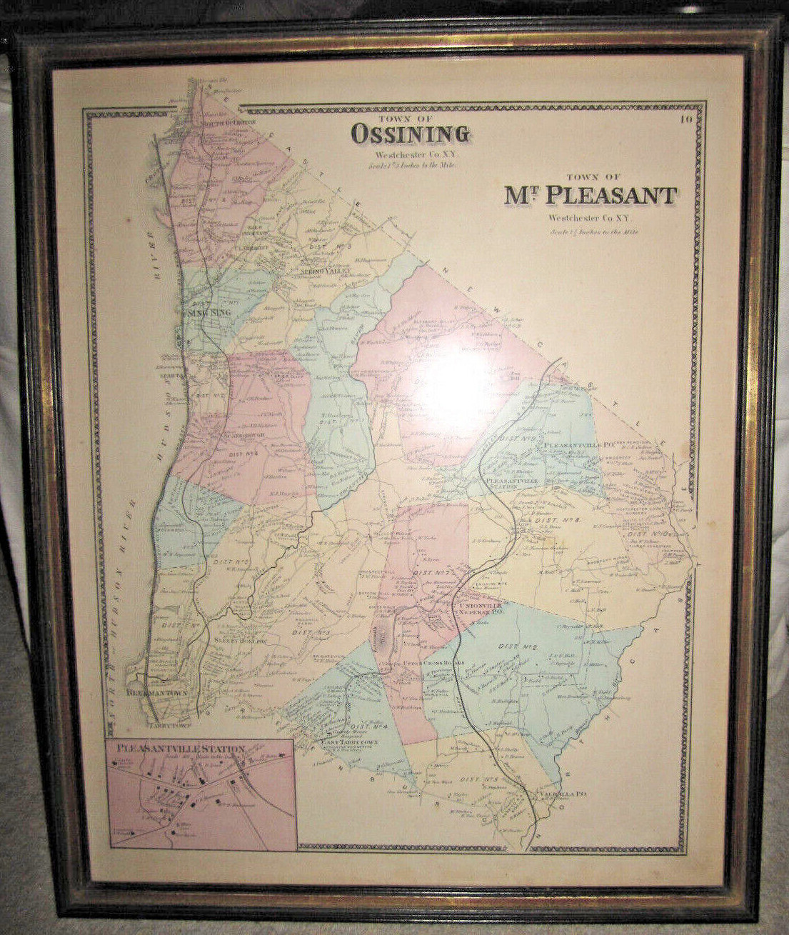 Antique framed map, Town of Ossining & Mt. Pleasant, Westchester County, NY