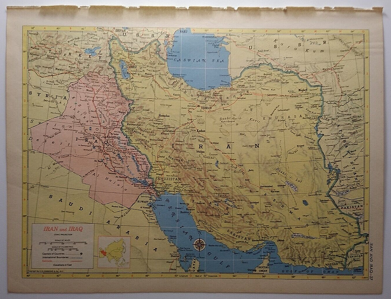 1955 Antique IRAN & IRAQ Atlas Map Vintage MCM Hammond’s New Supreme World Atlas