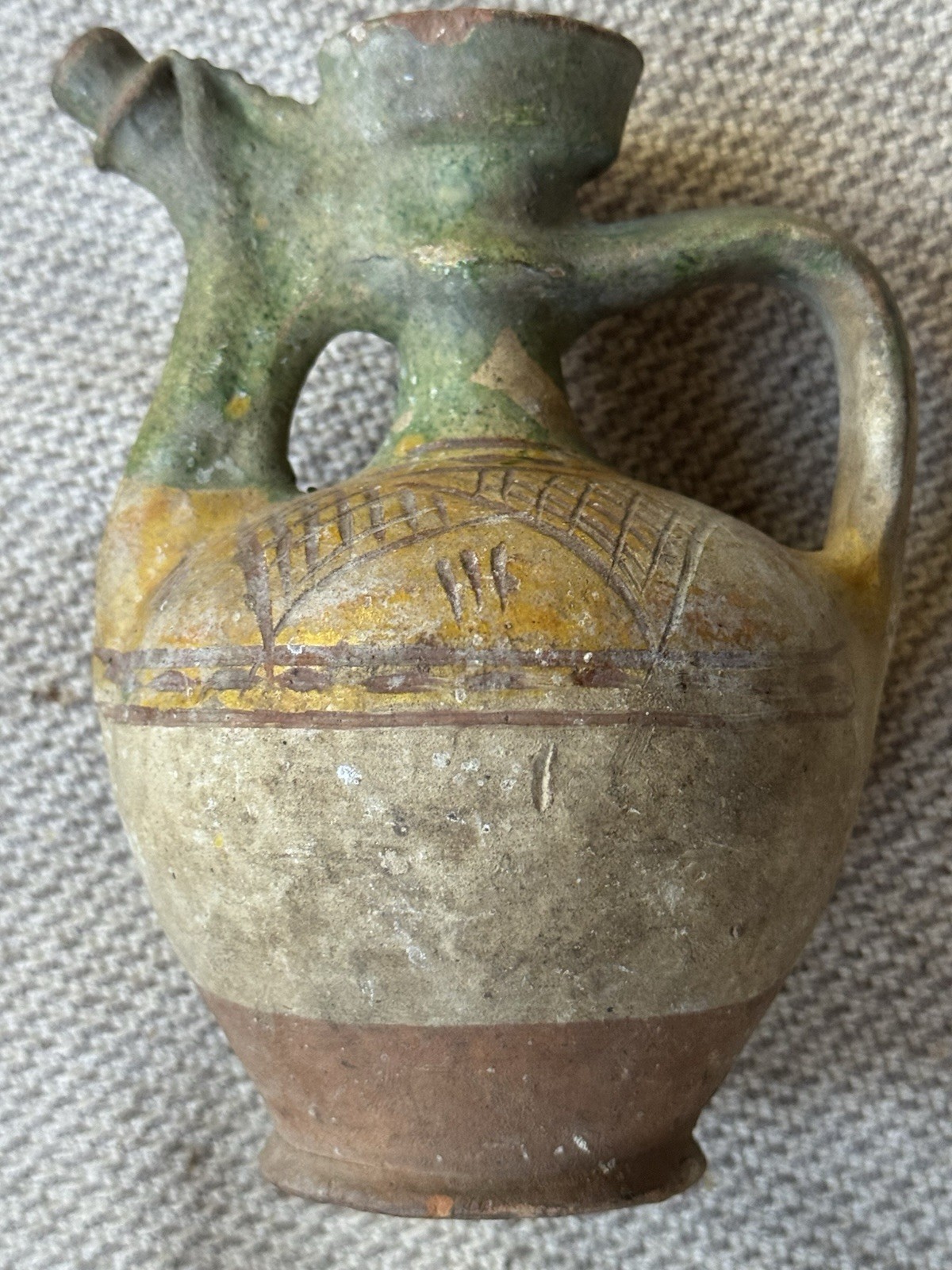 Antique Primitive Glazed Hungarian Terracotta Pottery Wine Olive Two Spout Jug