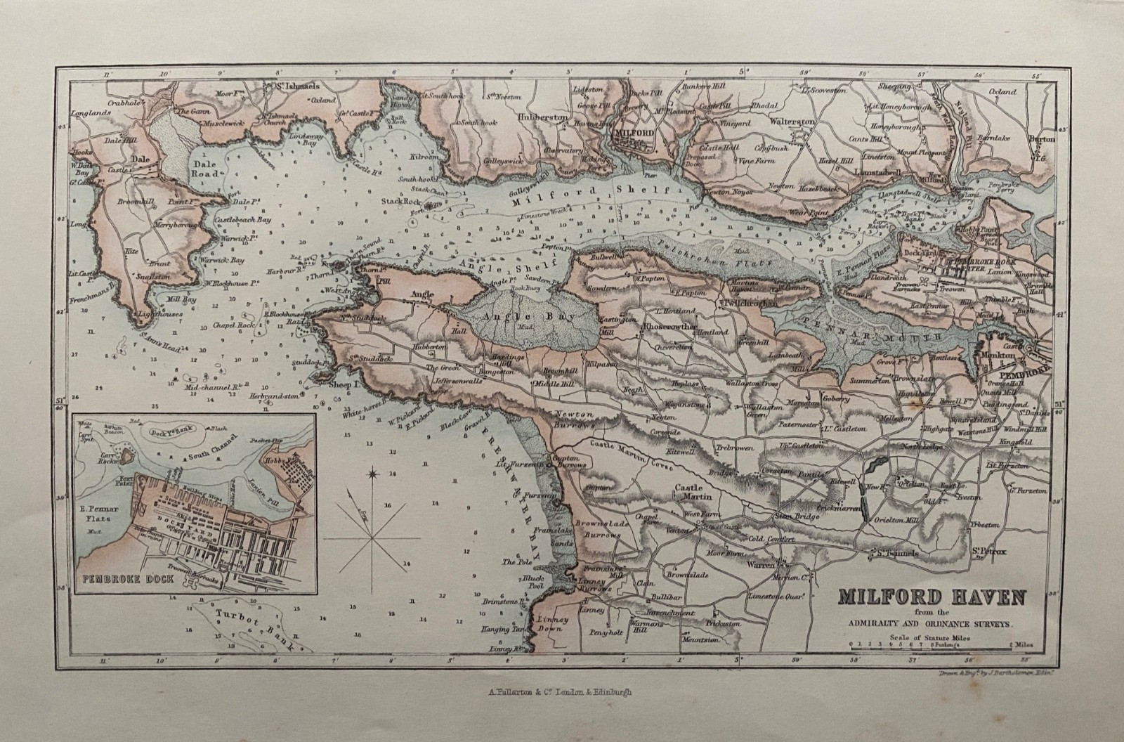 1870 Antique Map: Milford Haven & Pembroke Plan by J. Bartholomew