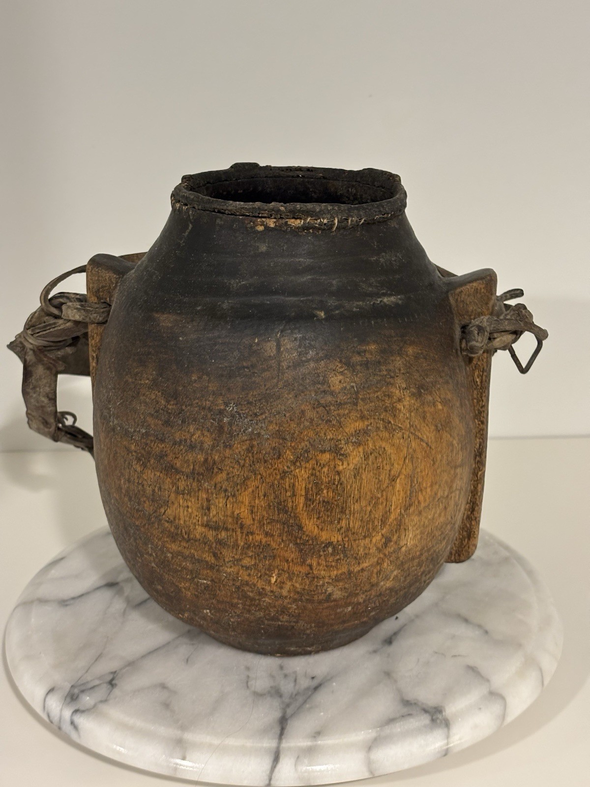 Borana Milk Jug Hand Carved Wooden Vessel w/ Leather Harness 9” Ethnographic
