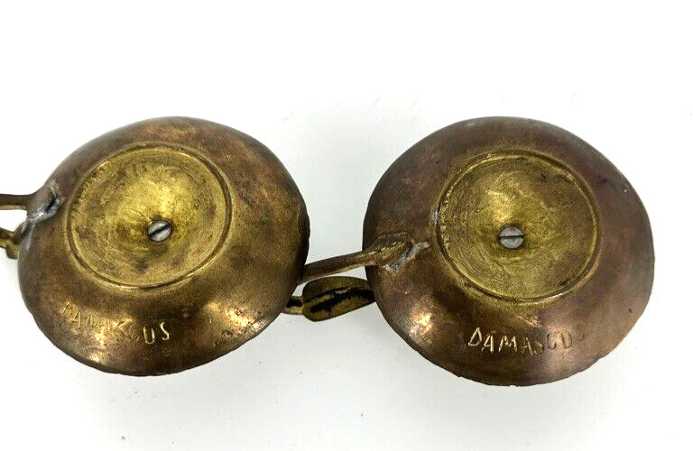 ANTIQUE PRIMITIVE PAIR Signed DAMASCUS Brass Chamberstick Thumb Rest/Finger Loop