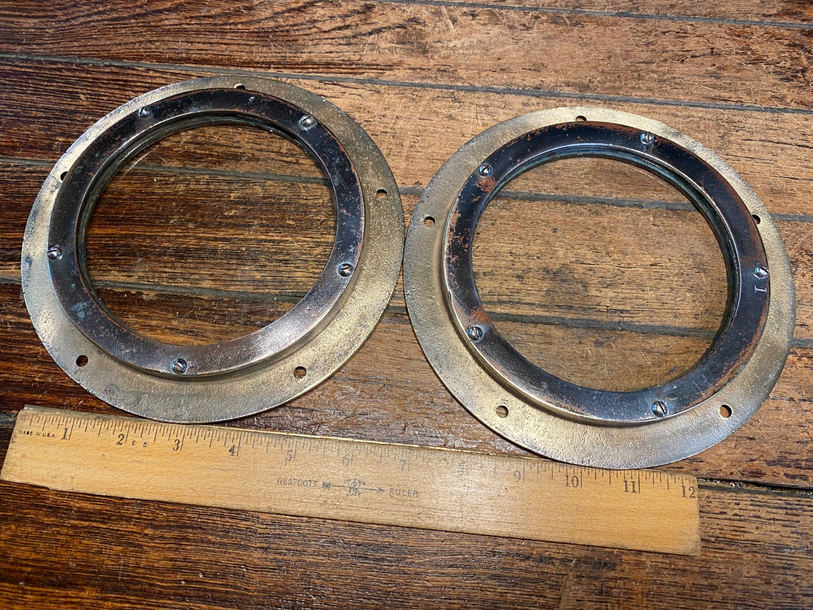 Pair(2) Vintage Polished Bronze Fixed Ports or Deck Deadlight 7 1/2″ OD 5″ Glass